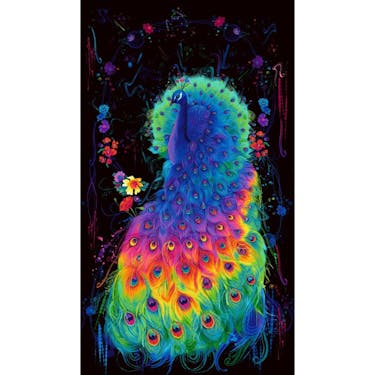 Timeless Treasures - Glow Glow Rainbow Peacock and Flower Panel Black 24