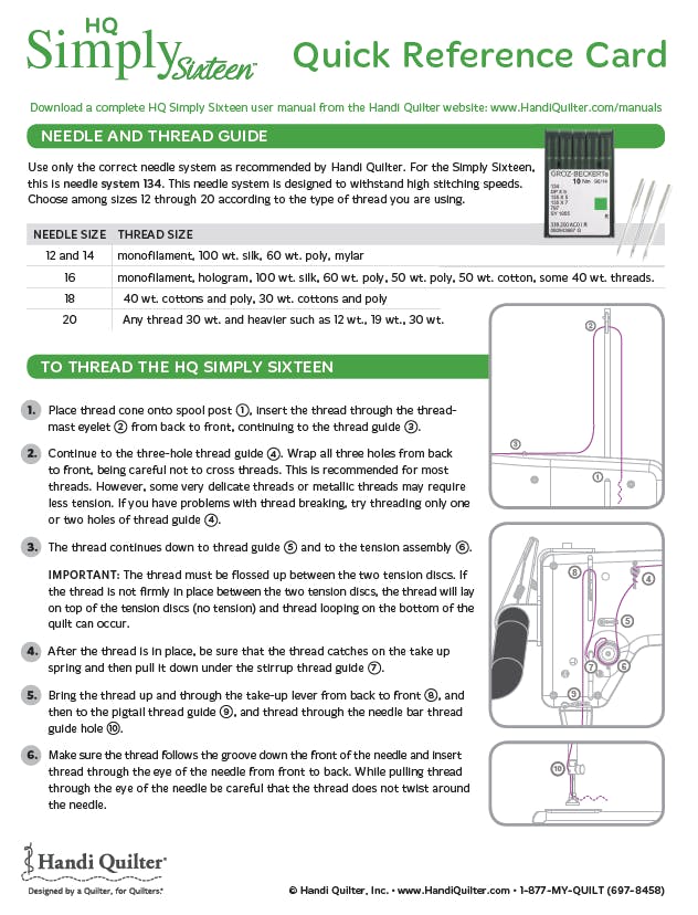 Handi Quilter Simply Sixteen Quick Reference Card