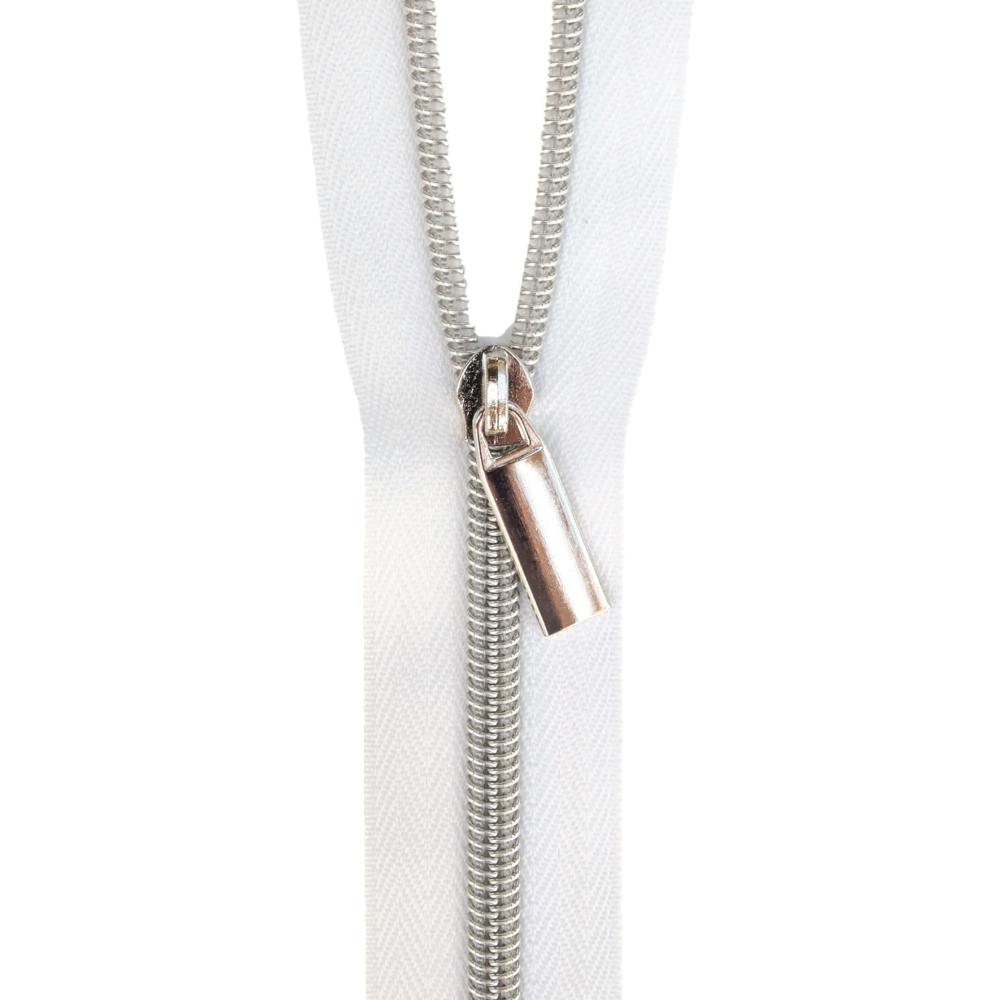 White #5 Nylon Nickel Coil Zippers: 3 Yards with 9 Pulls
