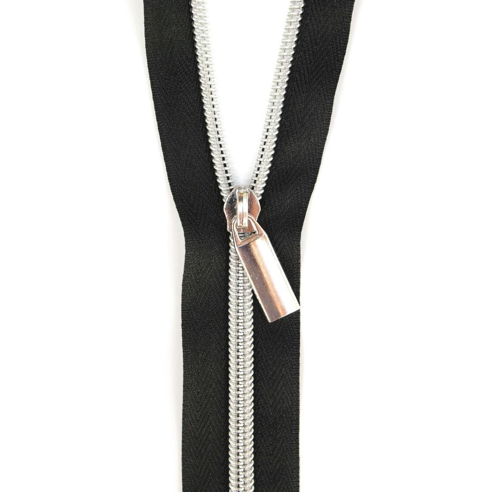 Black #5 Nylon Nickel Coil Zippers: 3 Yards with 9 Pulls