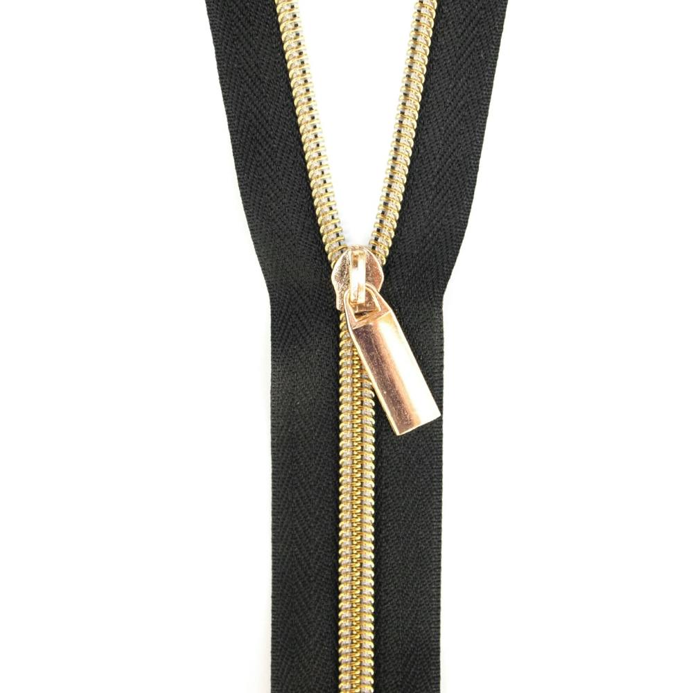 Black #5 Nylon Gold Coil Zippers: 3 Yards with 9 Pulls