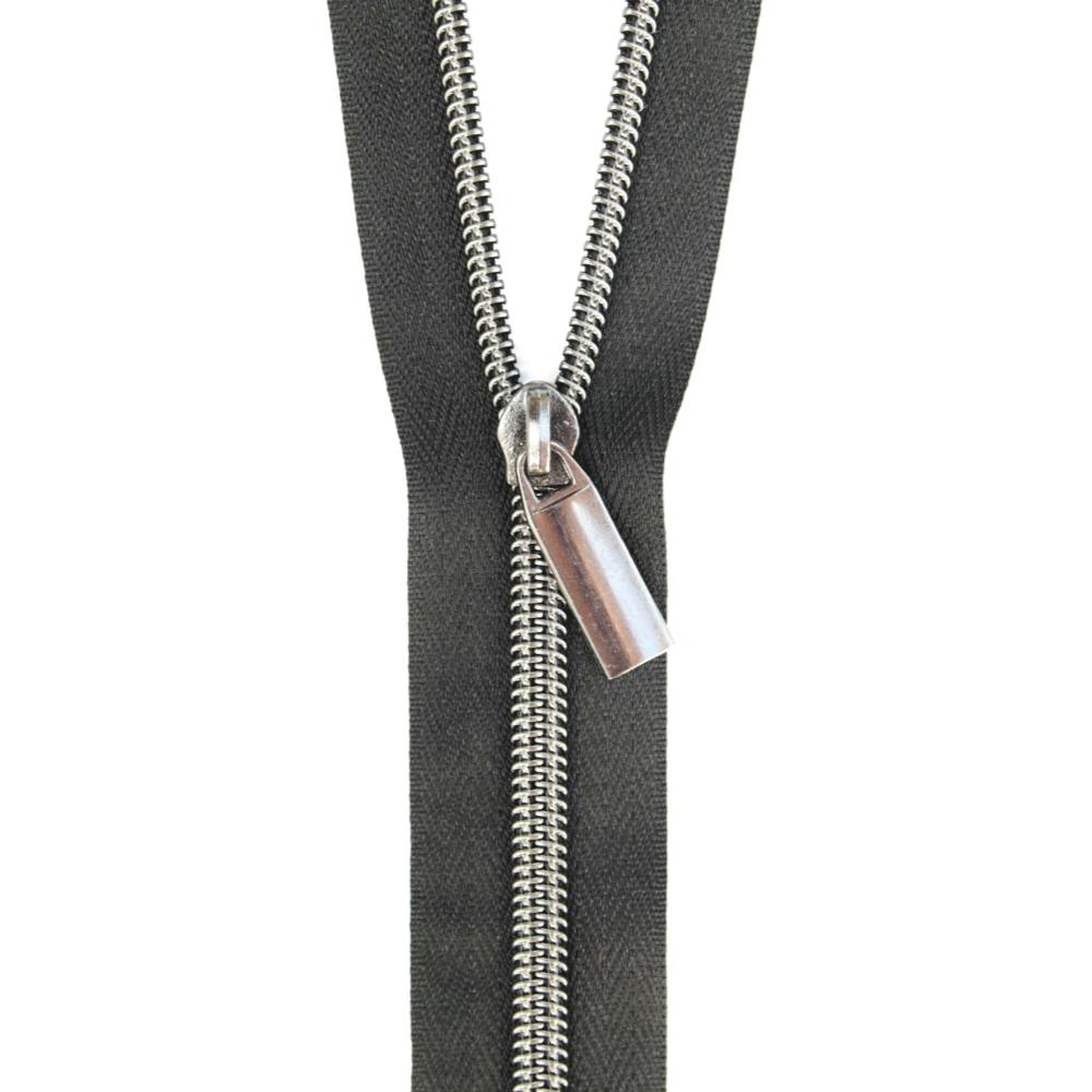 Black #5 Nylon Gunmetal Coil Zippers: 3 Yards with 9 Pulls