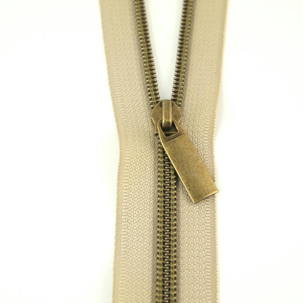 Beige #5 Nylon Antique Coil Zippers: 3 Yards with 9 Pulls